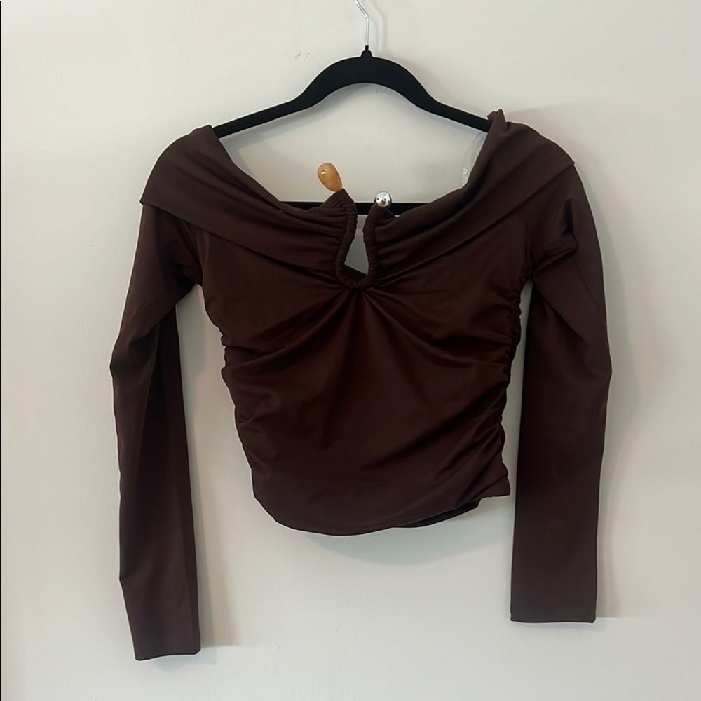 Pepermayo Brown Ruched Cut Out Long Sleeve Blouse